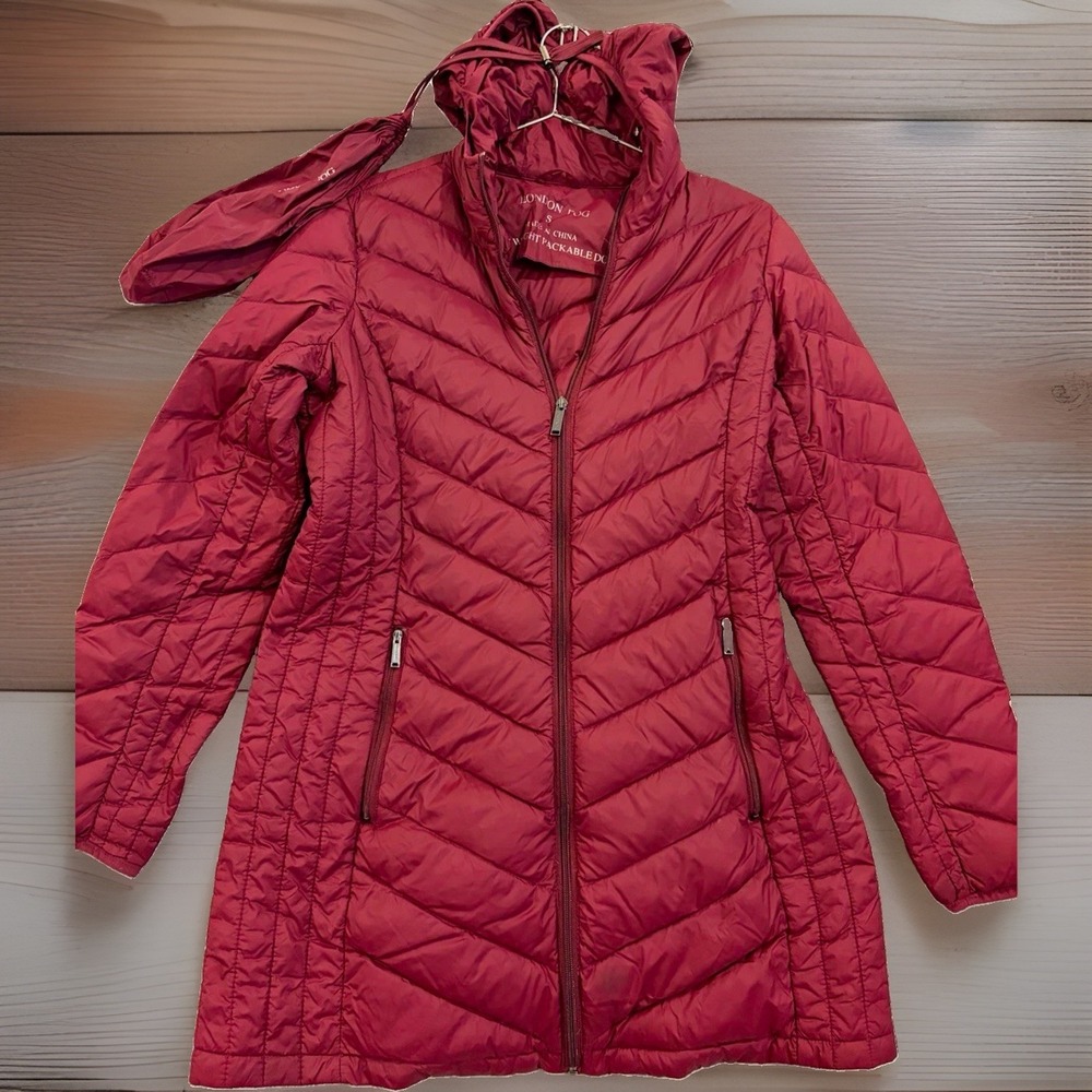 London Fog Women's Hooded Packable Down Puffer Jacket Burgundy Full Zip Size S